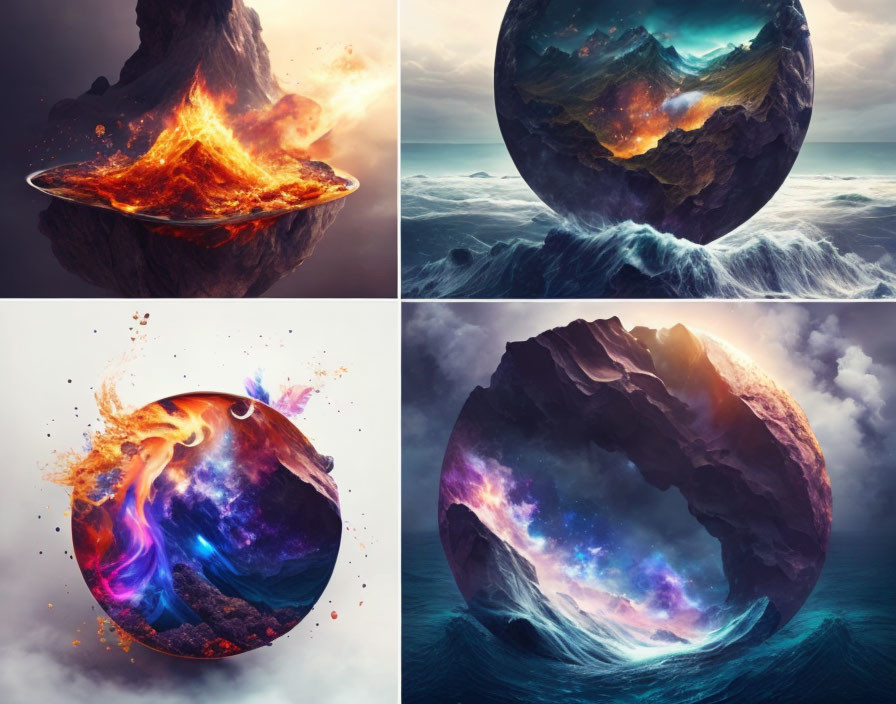 Four artistic interpretations of fiery, watery, colorful nebula-infused, and rocky celestial bodies.