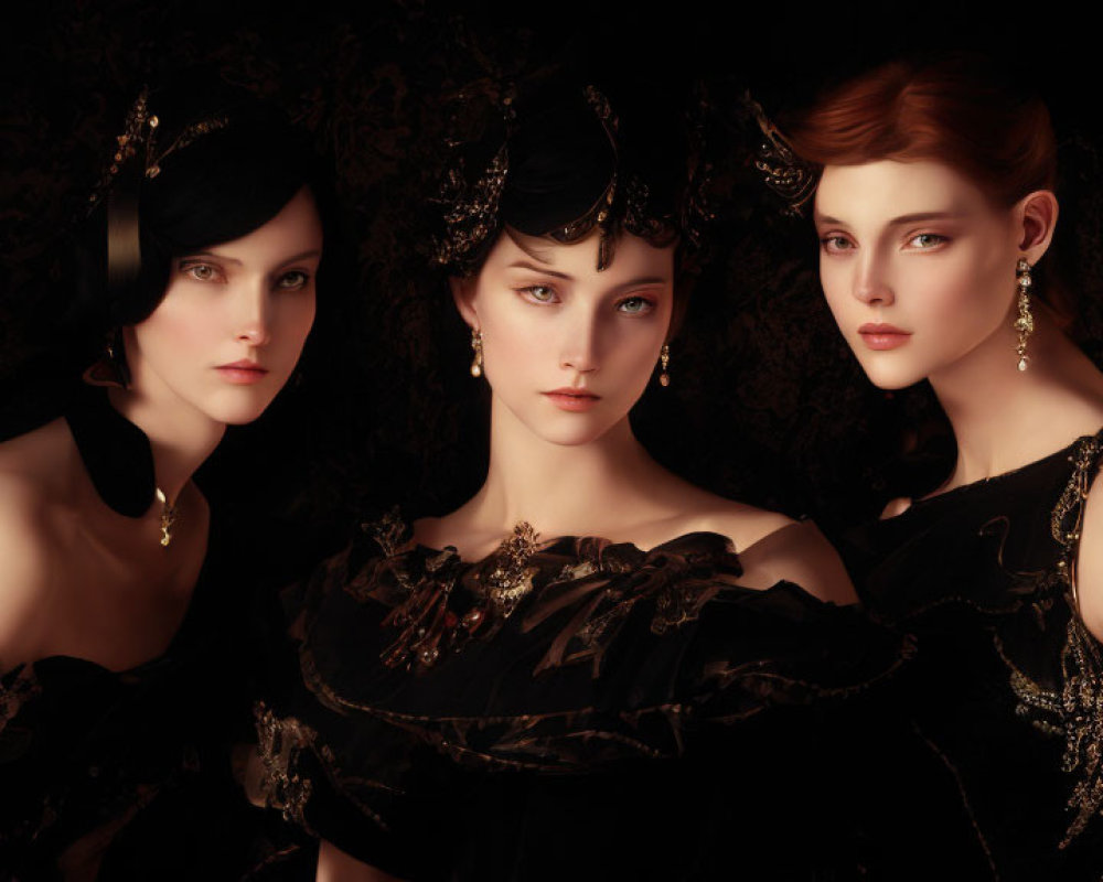Three Women in Vintage-Inspired Attire on Dark Patterned Background