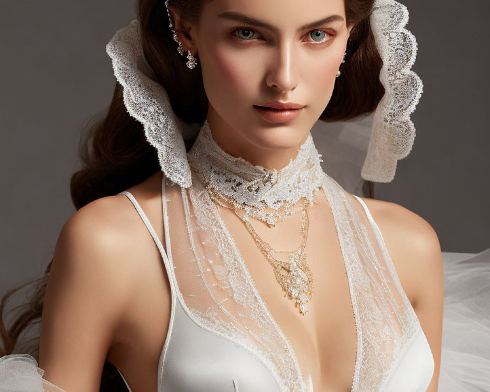 Woman in Satin Corset with Lace Details and High Collar Necklace