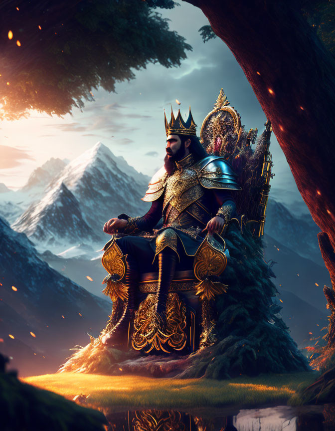 Regal king in ornate armor on grand throne under tree with mountains in background