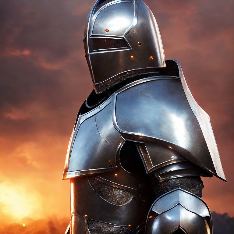 Knight in Shining Armor Against Fiery Sunset Sky