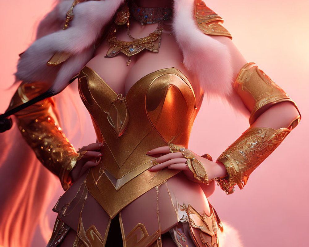 Female character in golden fantasy armor with fur accents and elaborate jewelry on pink background