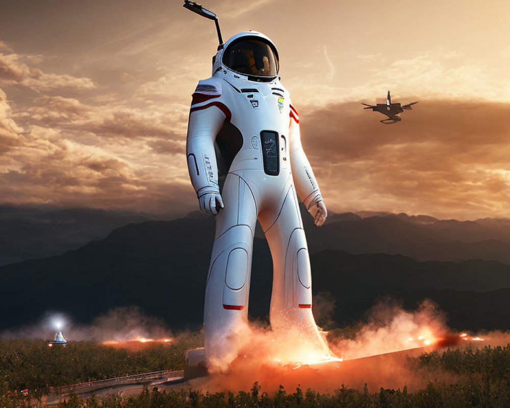 Giant astronaut suit launching with fire and sunset backdrop