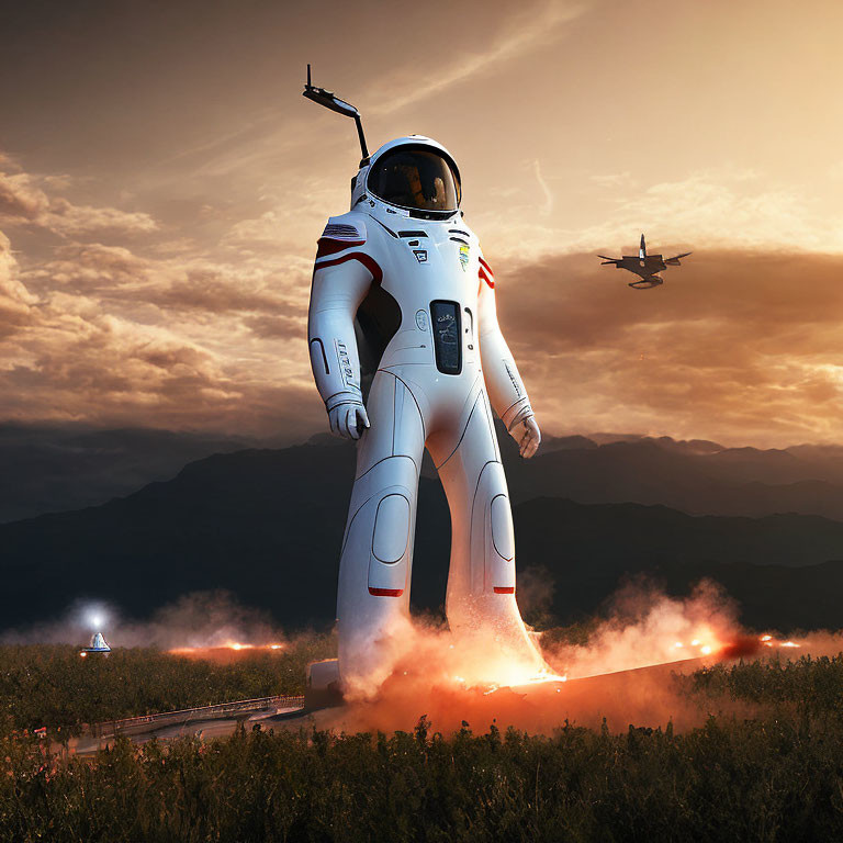 Giant astronaut suit launching with fire and sunset backdrop