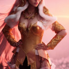 Female character in golden fantasy armor with fur accents and elaborate jewelry on pink background