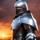 Knight in Shining Armor Against Fiery Sunset Sky