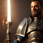 Knight in shining armor next to burning torch in dimly lit scene