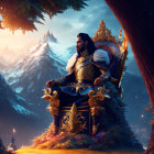 Regal king in ornate armor on grand throne under tree with mountains in background