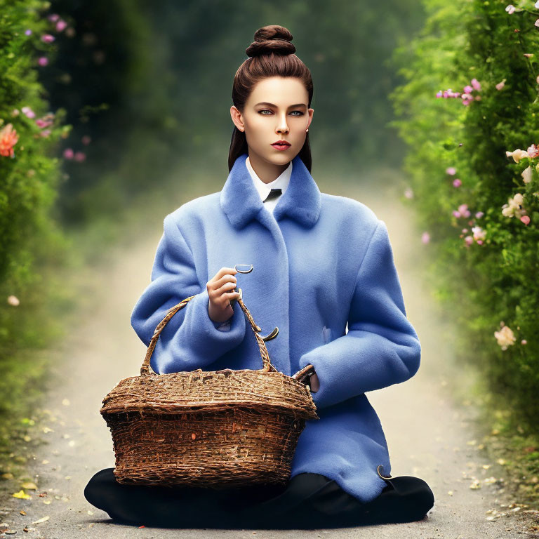 Woman in Elegant Updo Hairstyle Poses with Wicker Basket on Flower-Lined Path