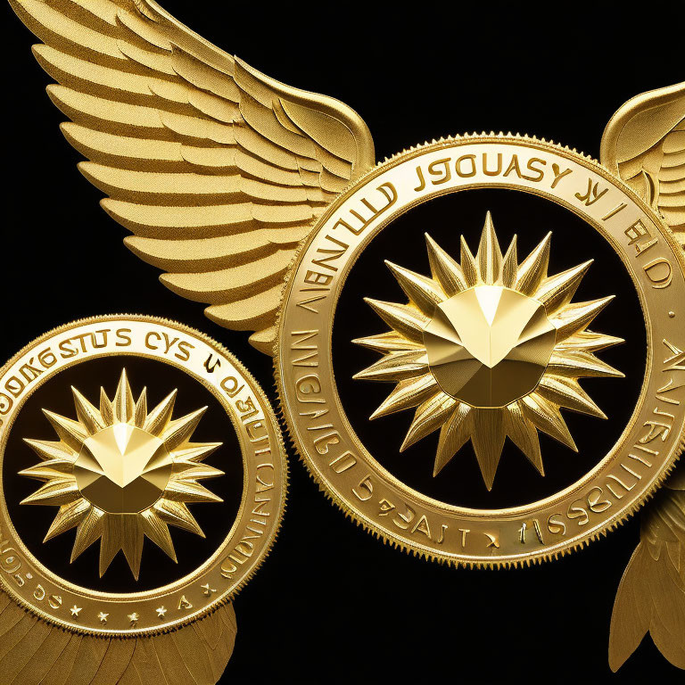 Golden winged star emblems with text on black background