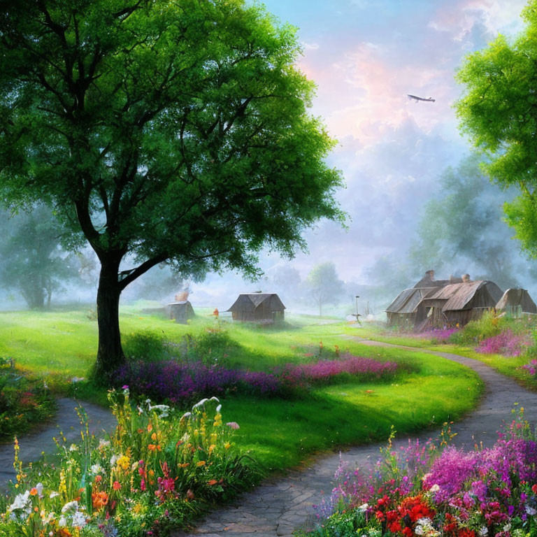 Tranquil rural landscape with winding path, thatched cottages, vibrant flowers, lush tree,