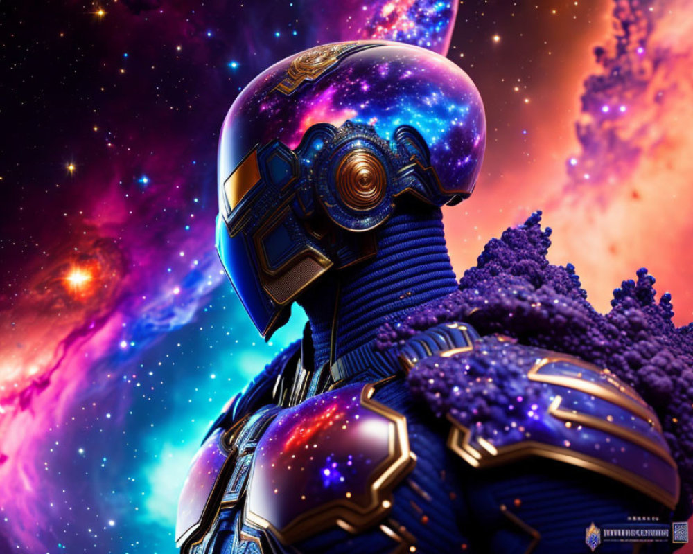Blue-armored astronaut in reflective helmet against cosmic background