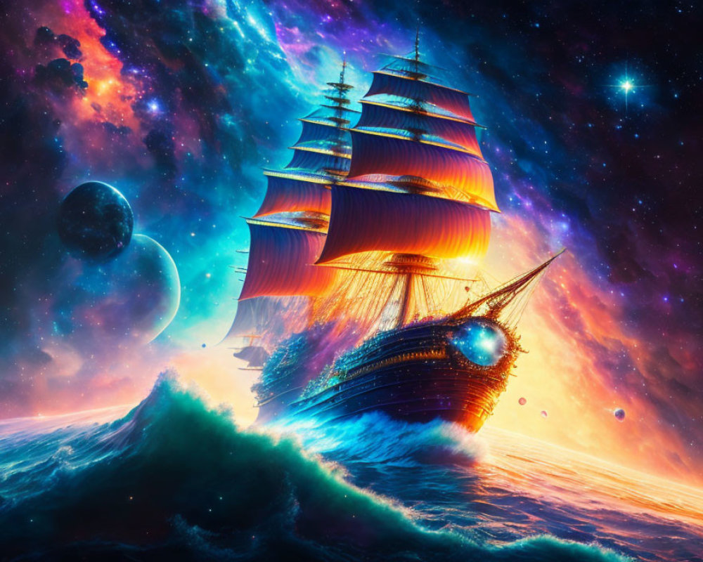 Majestic sailing ship with glowing sails in vibrant space scene
