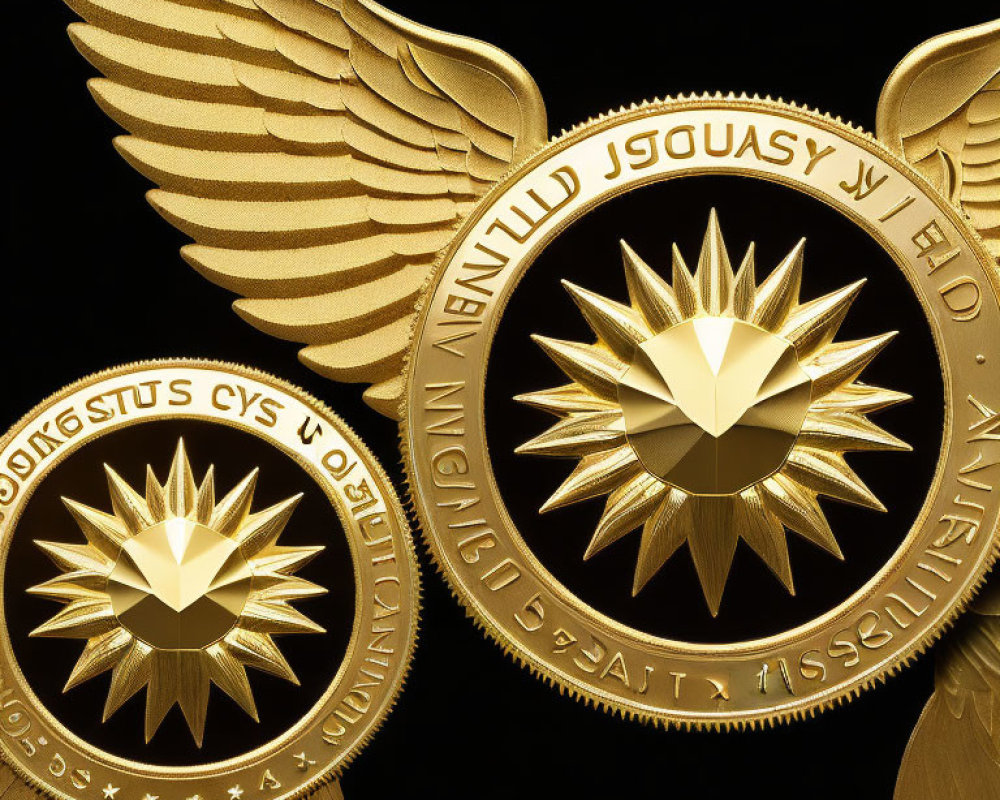 Golden winged star emblems with text on black background