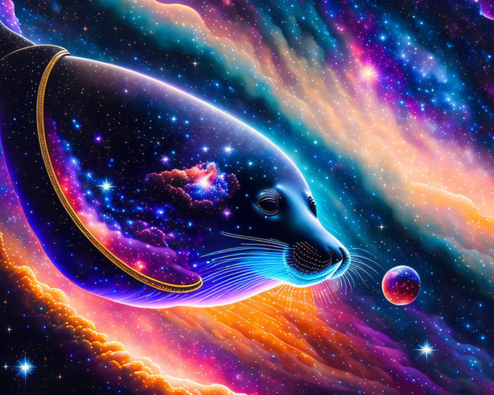 Colorful digital artwork of cosmic seal and orb in nebula
