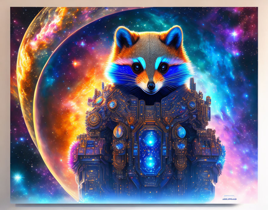 Colorful digital art: raccoon head on mechanical body in cosmic setting