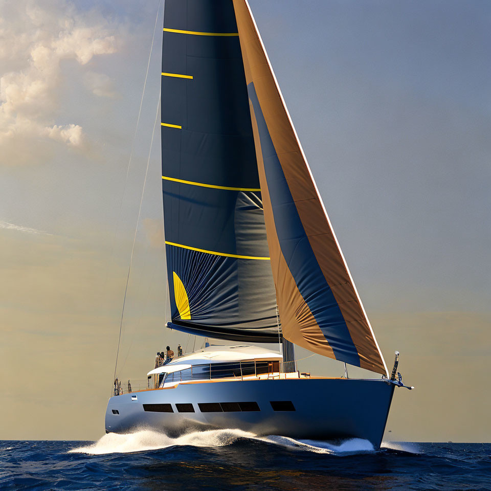Luxury yacht with large sail cruising on sunny day with passengers onboard.