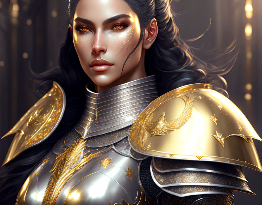 Digital Illustration: Woman in Golden Armor with Fantasy Design