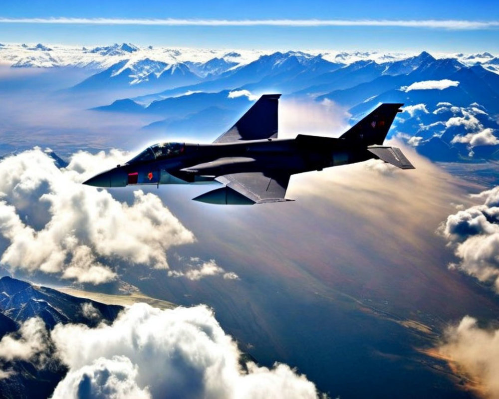 Military fighter jet soaring over mountain landscape with sunlit clouds.