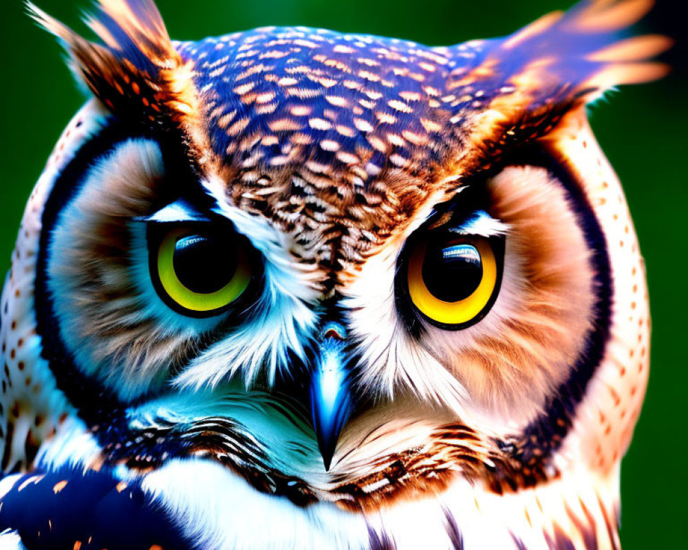 Detailed close-up of owl with striking yellow eyes and sharp gaze against green background