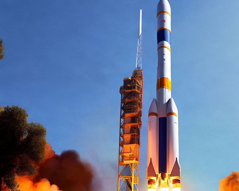 Fiery orange rocket launch against clear blue sky