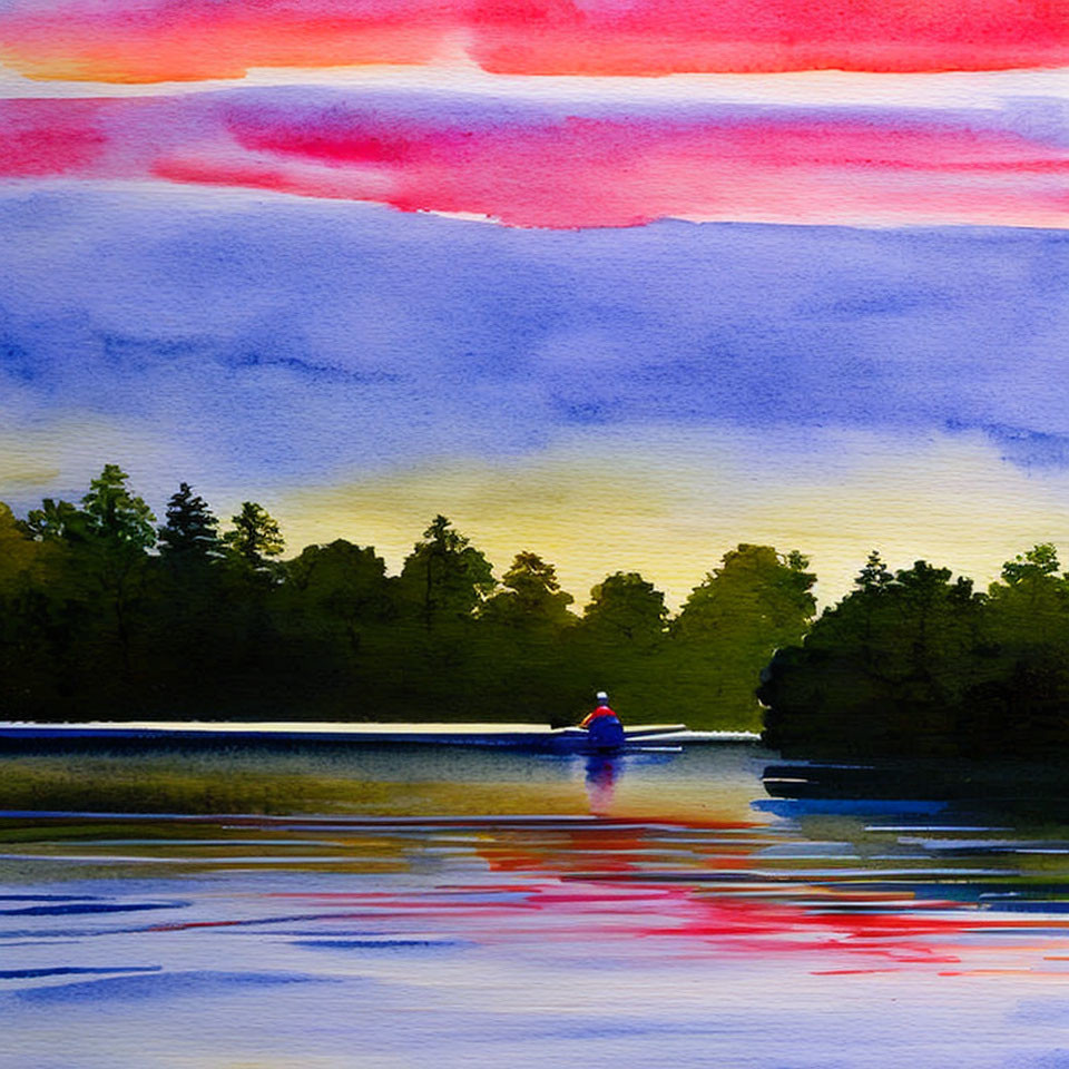 Serene lake sunset watercolor with vibrant skies and solitary figure