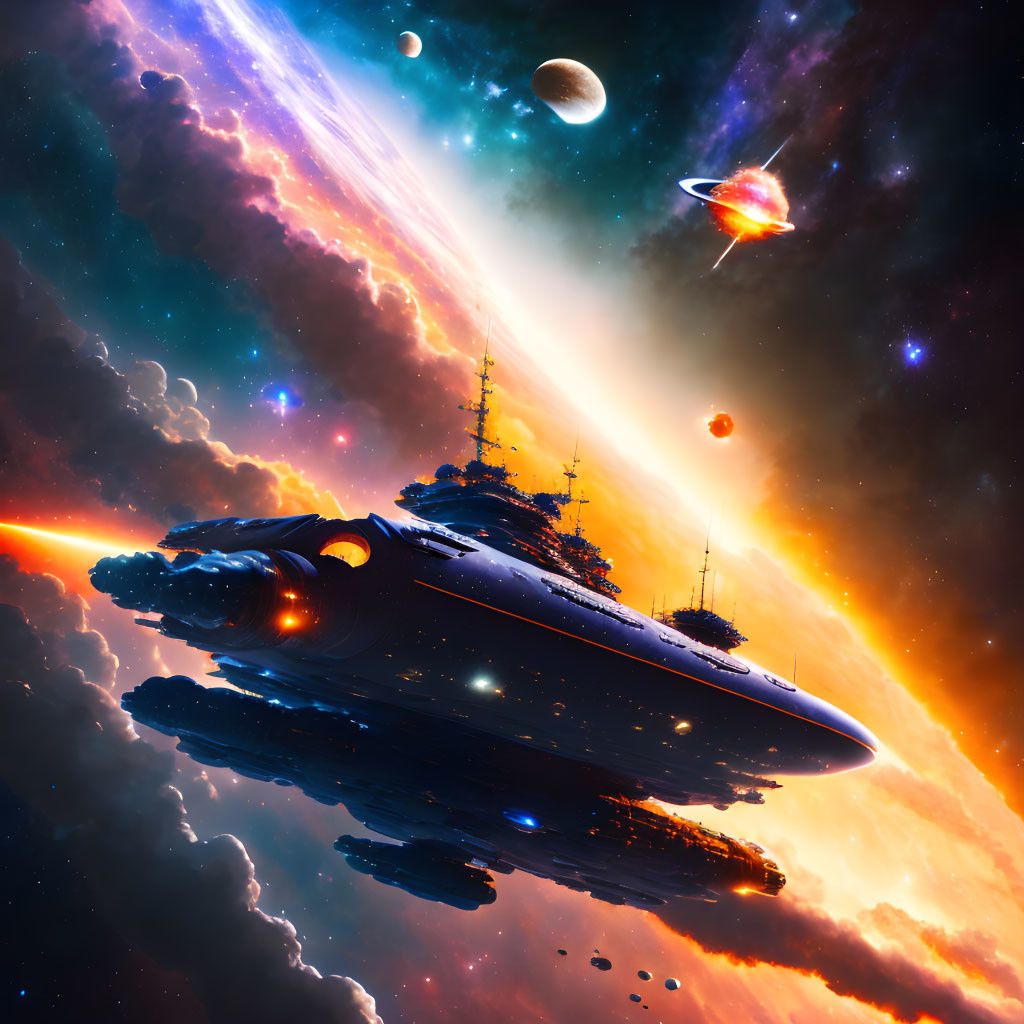 Colorful Space Scene with Large Spaceship and Nebulae