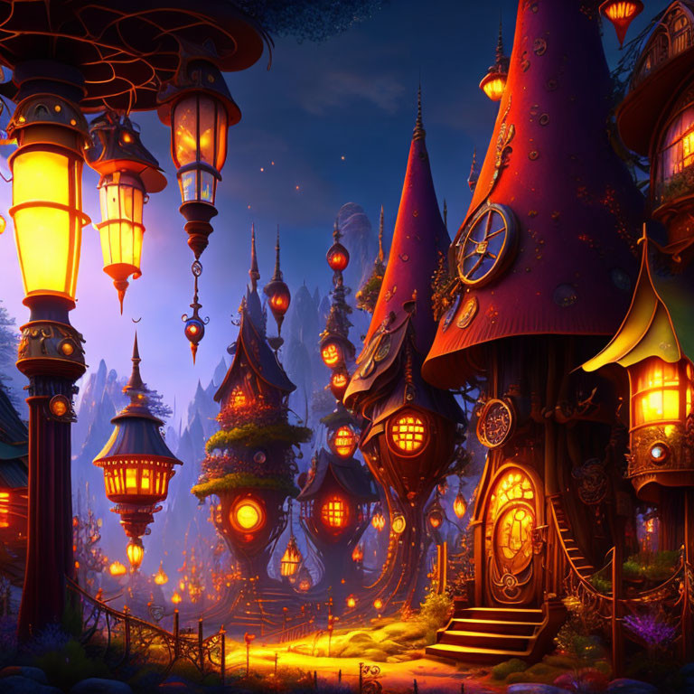 Fantasy forest with mushroom houses, lanterns, and starry sky