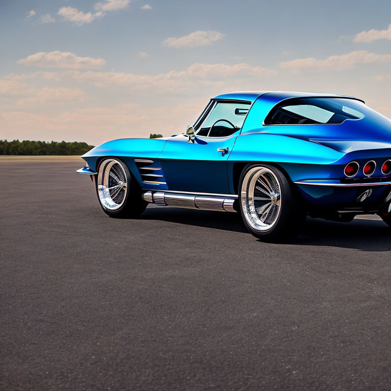 Blue Classic Corvette with Chrome Rims on Empty Asphalt under Clear Sky