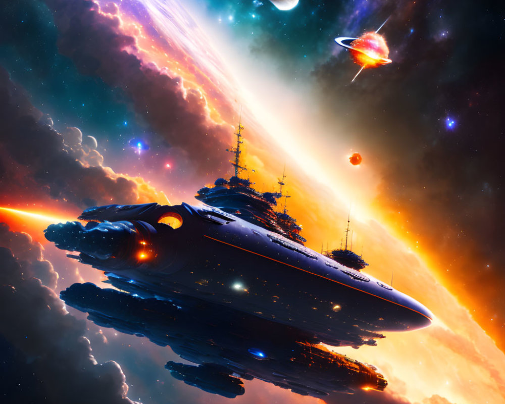 Colorful Space Scene with Large Spaceship and Nebulae