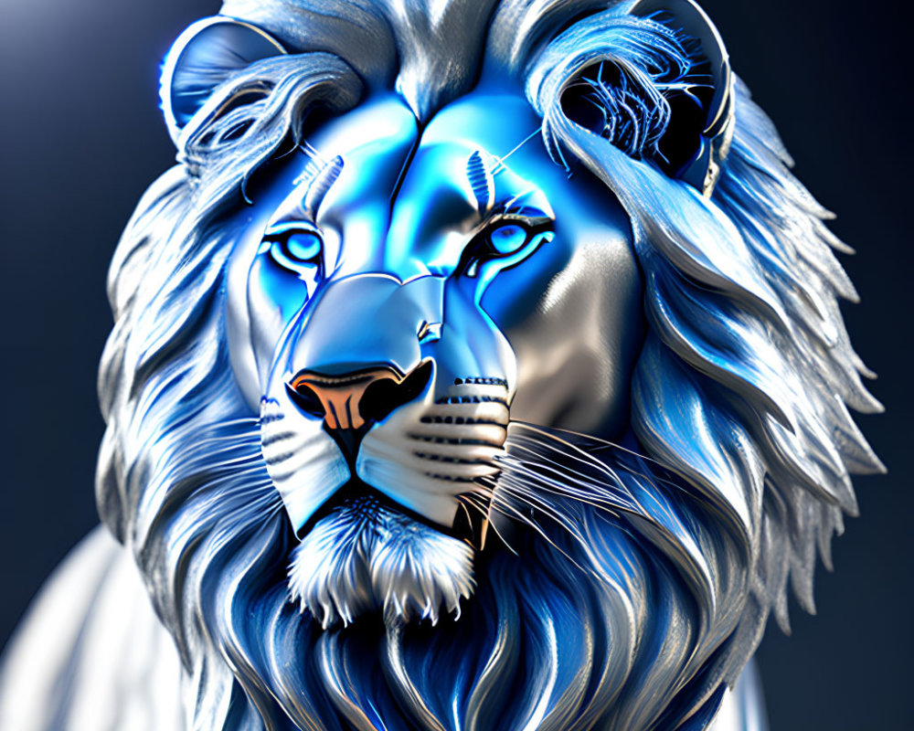Stylized lion with vivid blue mane and eyes on dark background