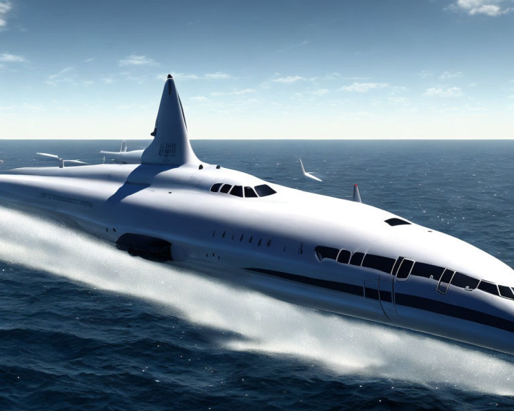 White Futuristic Seaplane Flying over Blue Ocean on Clear Day