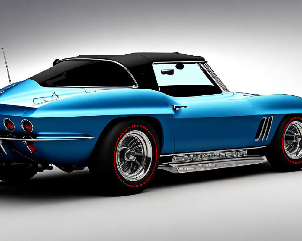 Vintage Blue Corvette with White Side Detailing and Red-Rimmed Tires in Studio Setting