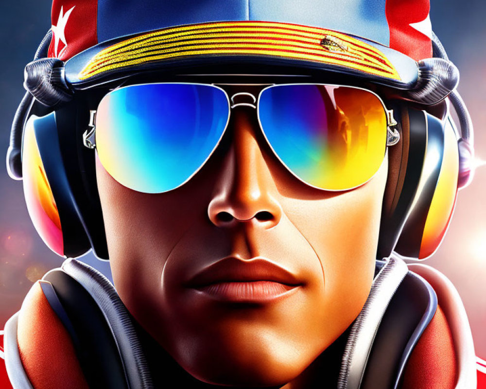 Detailed Close-up Illustration of Person in Pilot Uniform with Aviator Sunglasses and Headphones