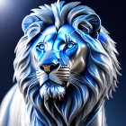 Stylized lion with vivid blue mane and eyes on dark background