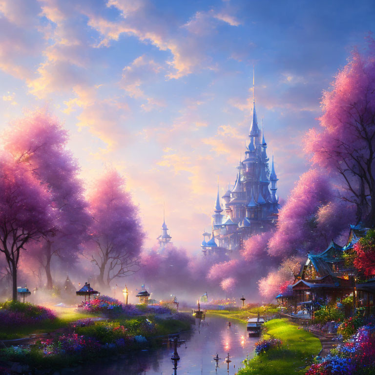 Fantasy castle with pink trees and glowing sky by serene river