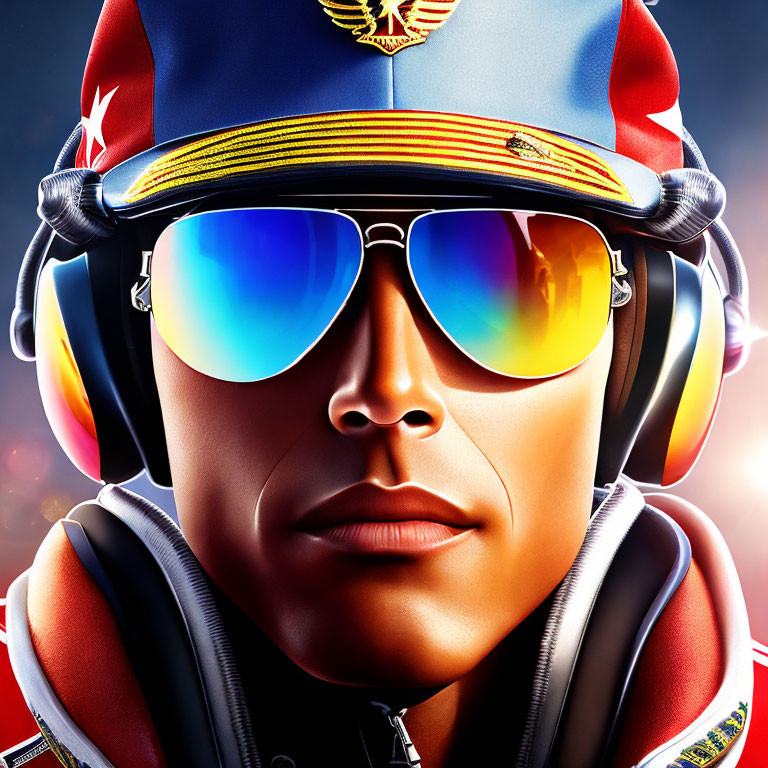 Detailed Close-up Illustration of Person in Pilot Uniform with Aviator Sunglasses and Headphones
