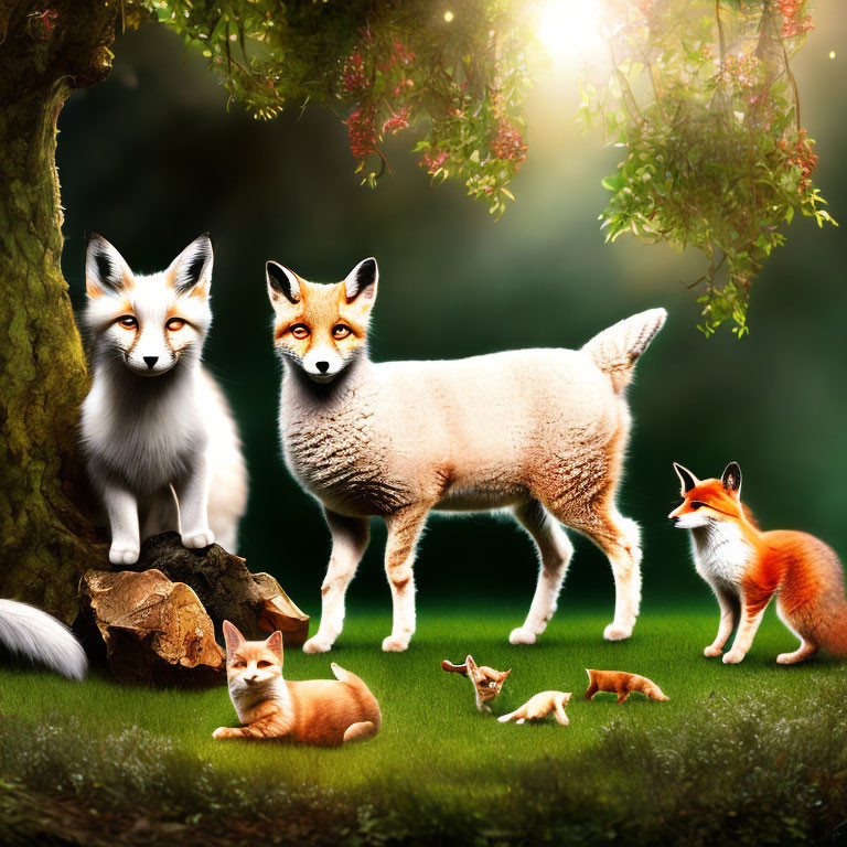 Hybrid Foxes and Sheep in Surreal Natural Setting