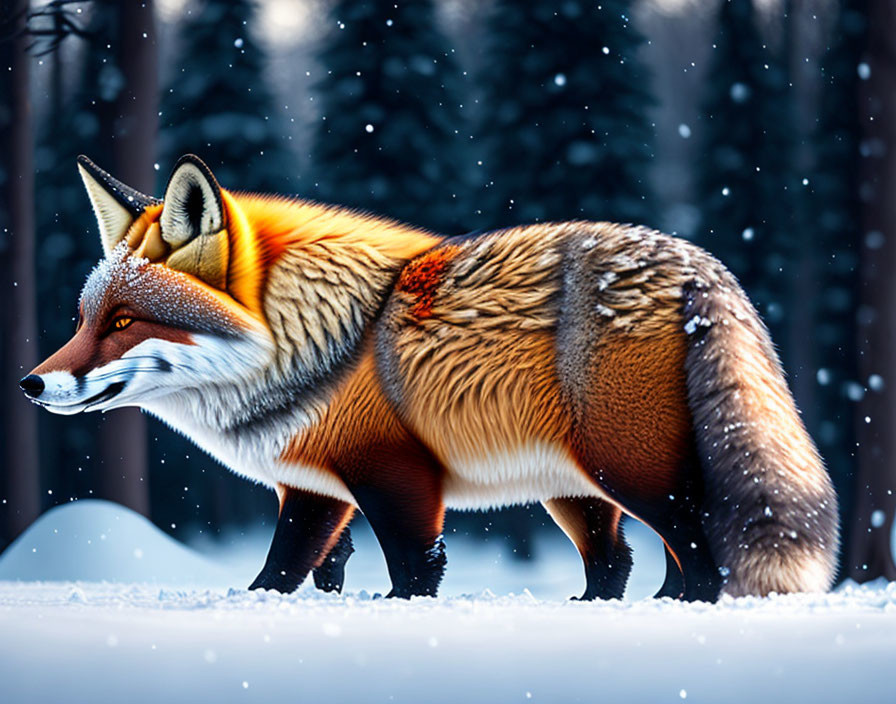 Red Fox in Snowy Forest with Falling Snowflakes