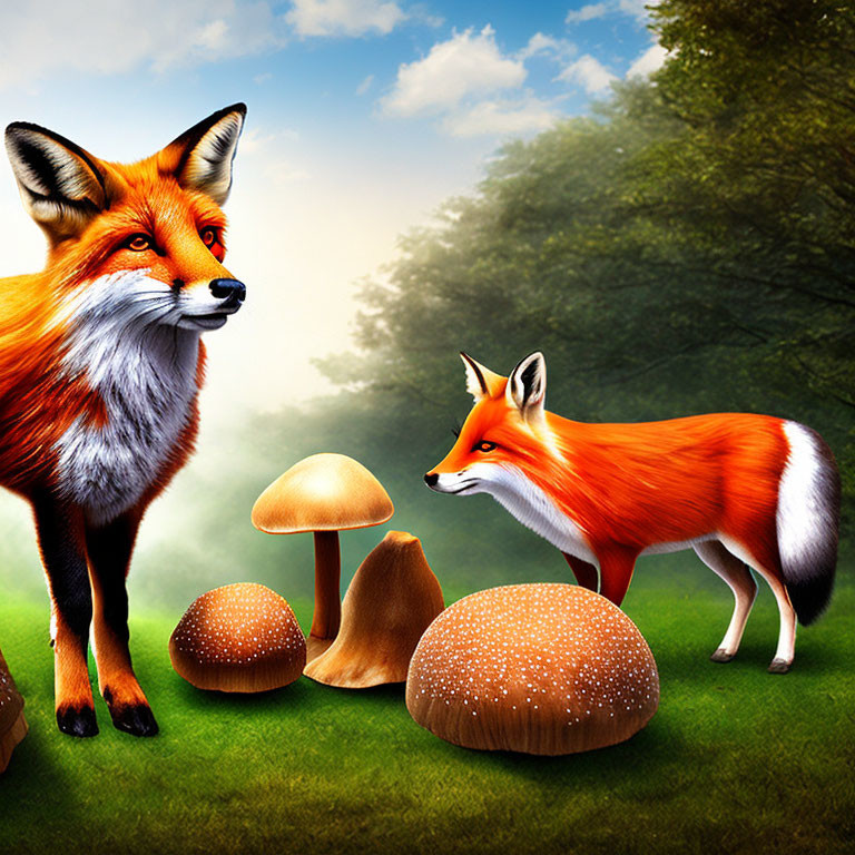 Realistic foxes in vibrant forest with large mushrooms under sunlit sky