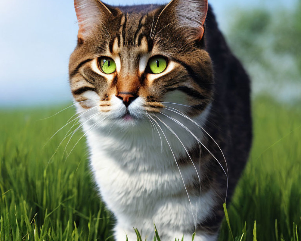Tabby Cat with Green Eyes in Lush Grass Field