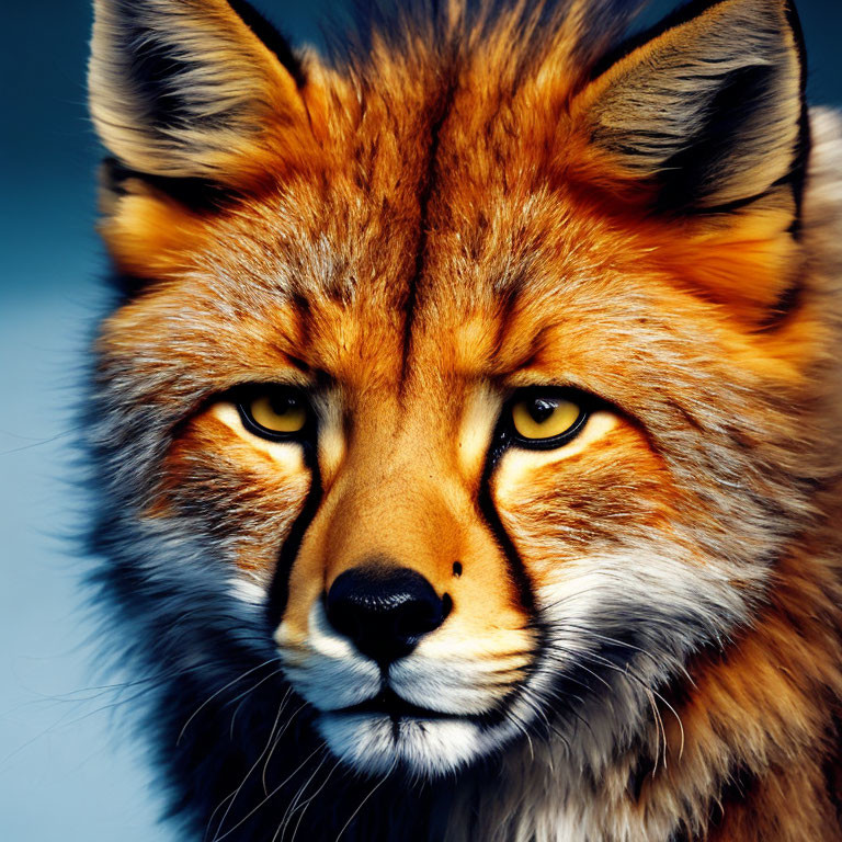 Red Fox Close-Up Portrait: Intense Yellow Eyes and Vibrant Fur on Blue Background