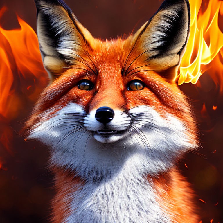 Digital illustration: Fox with blue eyes in fiery backdrop