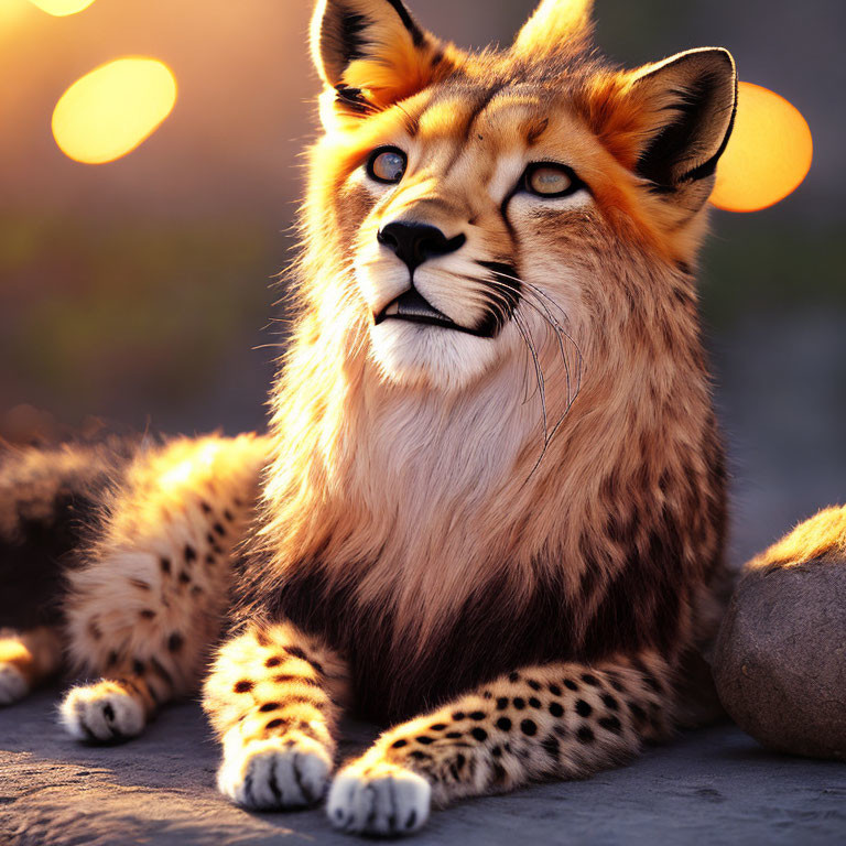 Cheetah relaxing at dusk in warm sunset glow