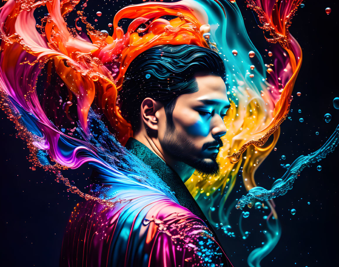 Colorful digital artwork: Man's profile with flowing hair on dark background