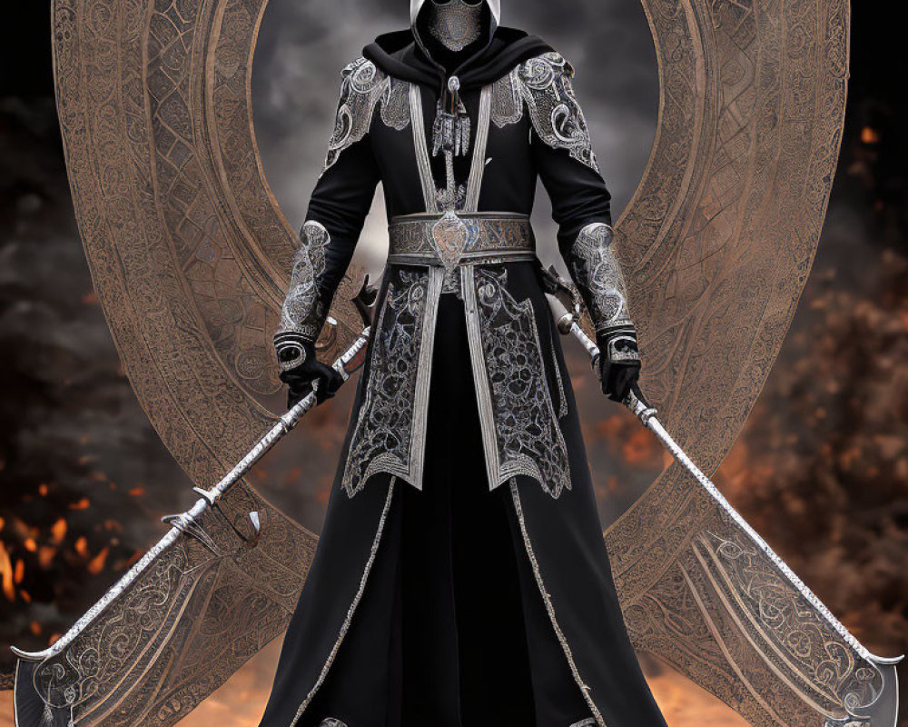 Figure in Black and White Armor with Swords in Mystical Setting