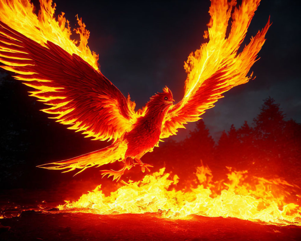 Fiery phoenix mid-flight against dark backdrop