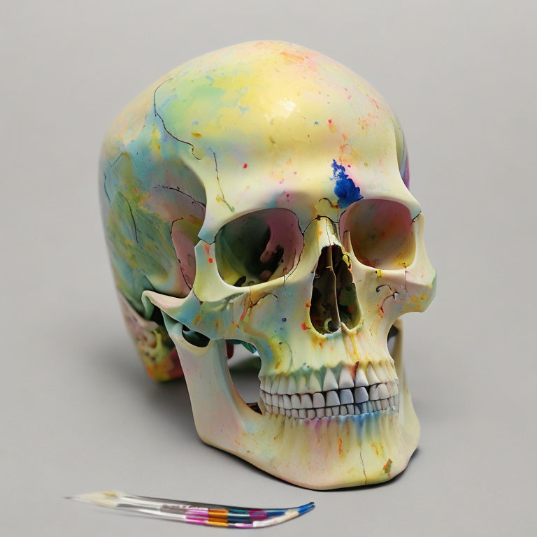 Colorful Paint Splatter Human Skull Replica & Paintbrush on Neutral Background