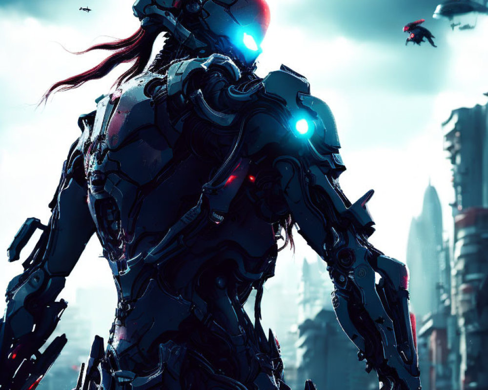 Futuristic armored figure with glowing blue lights against overcast skyline and drones.