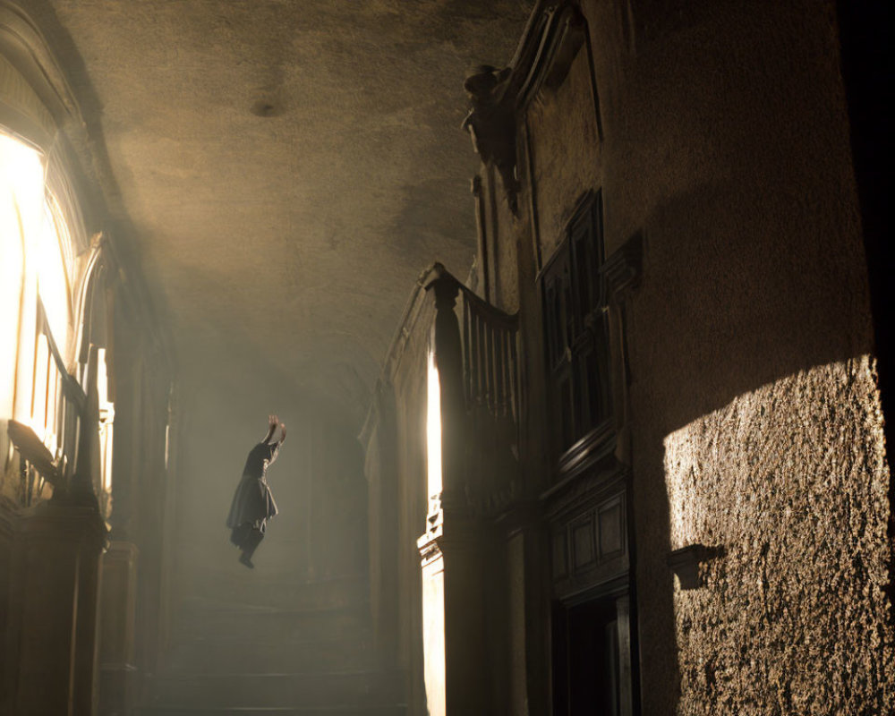 Mysterious figure levitating in baroque-style hallway